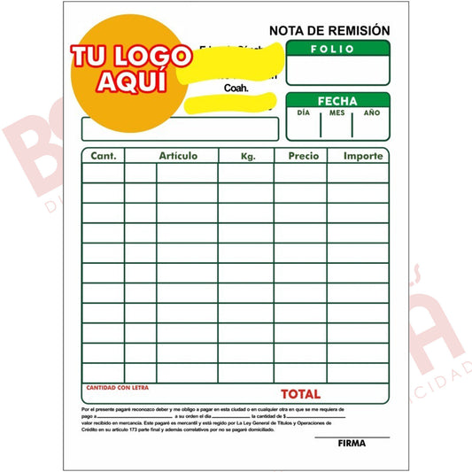 1000 Notas De Remisión Personalizadas 1/2 Carta