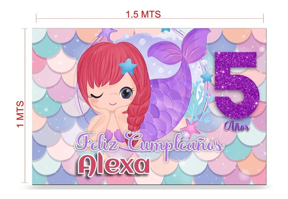 Lona Cumpleaños Sirenita/sirena 1.50m X 1m (diseño Grátis)
