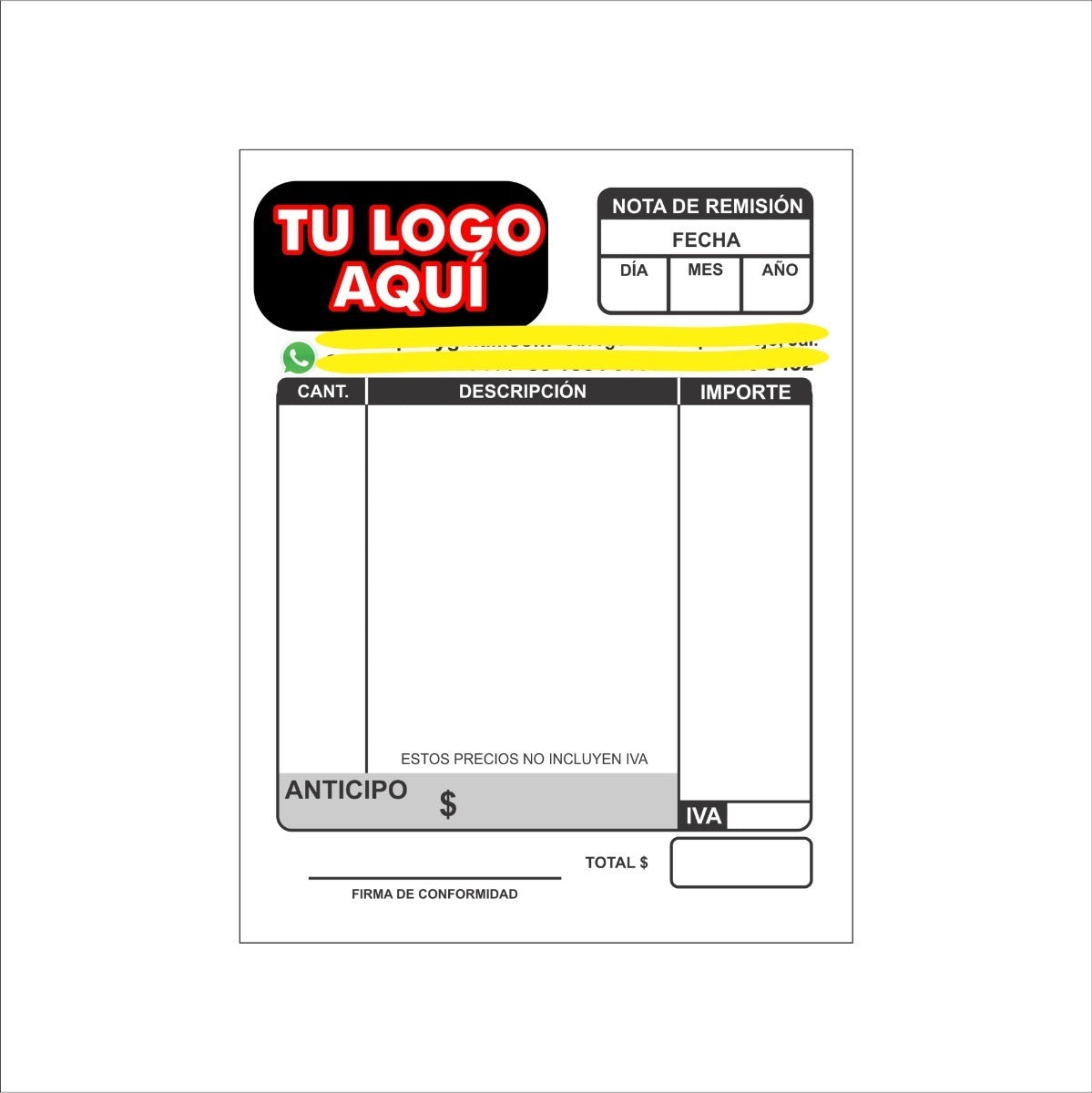 1000 Notas De Remisión Personalizadas 1/2 Carta