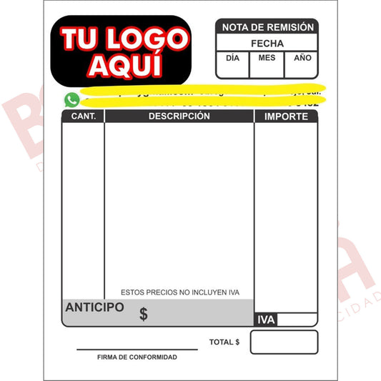 1000 Notas De Remisión Personalizadas 1carta Frente Y Vuelta