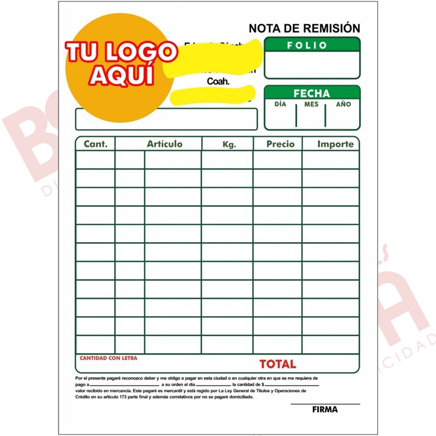 1000 Notas De Remisión Personalizadas 1/2 Carta