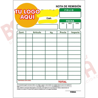 1000 Notas De Remisión Personalizadas 1/2 Carta